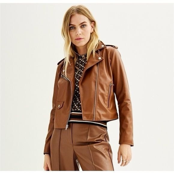 Nine West Jackets & Blazers - Nine West Faux-Leather Moto Jacket Brown Size L *Excellent condition*